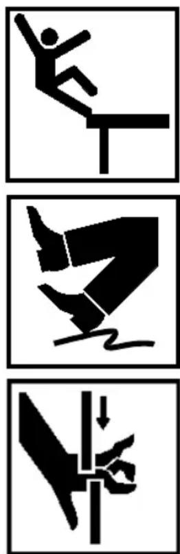 Three black-and-white pictograms showing different physical poses: a falling person, a falling object, and a falling object with a downward arrow (no text or symbols)