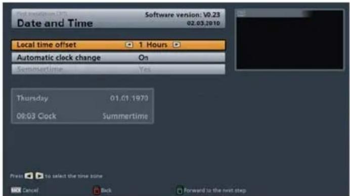Date and Time Software version: V0.23 02.03.2010 Local time offset 1 Hours Automatic clock change On Summertime Yes Thursday 01.01.1970 00:03 Clock Summertime Press to select the time zone OK Cancel Back Forward to the next step
