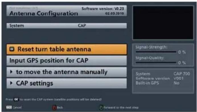 Antenna Configuration Software version: V0.23 02.03.2010 System CAP Reset turn table antenna Input GPS position for CAP to move the antenna manually CAP settings Signal-Strength: 0 % Signal-Quality: 0 % System CAP 700 Software version V001 Built-in GPS No Pre- to reset the CAP system (satellite posi…