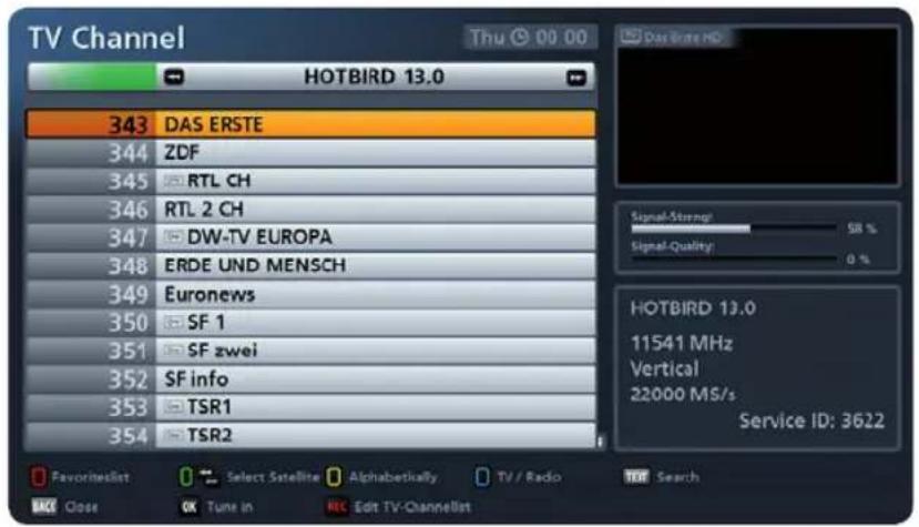 TV Channel Thu 00:00 HOTBIRD 13.0 343 DAS ERSTE 344 ZDF 345 RTL CH 346 RTL 2 CH 347 DW-TV EUROPA 348 ERDE UND MENSCH 349 Euronews 350 SF 1 351 SF zwei 352 SF info 353 TSR1 354 TSR2 Signal-String: 58 % Signal-Quality: 0 % HOTBIRD 13.0 11541 MHz Vertical 22000 MS/s Service ID: 3622 Favoriteslist Selec…