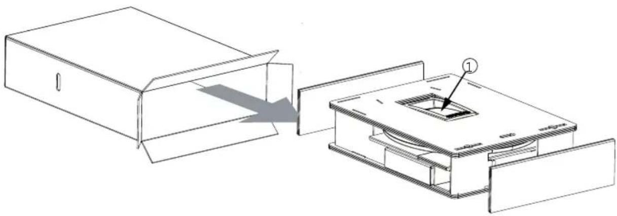 Technical line drawing of a device box with internal components and a highlighted section (no text or symbols)