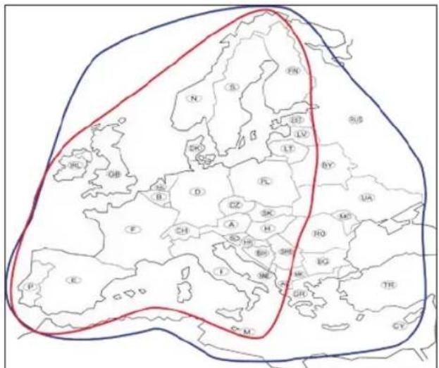Map of Europe with labeled regions and a red boundary line, likely indicating a geographical or administrative area.