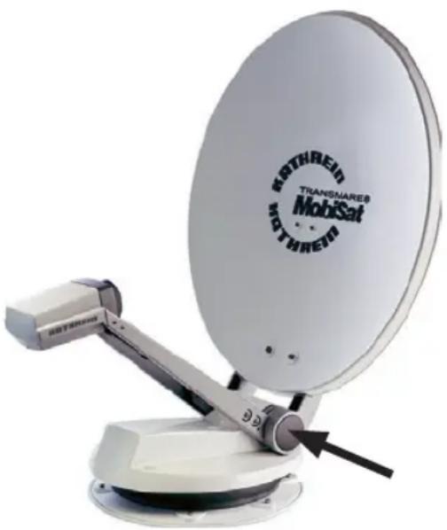 Exterior view of a white satellite dish with 'MobiSat' branding and 'RATHREID TRANSAIARES' logo, mounted on a base (no additional text or symbols visible)