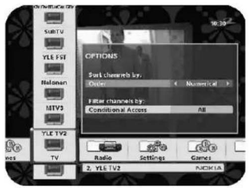Options Sort channels by: Order Numerical Filter channels by: Conditional Access All Radio Settings Games 2, YLE TV2 NOKIA