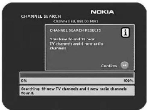 NOKIA CHANNEL SEARCH Channel: 69, 858.00 MHz CHANNEL SEARCH RESULTS You have found 28 new TV-channels and 4 new radio channels. Confirm a 0% 100% Searching: 19 new TV channels and 4 new radio channels found.