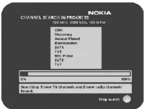 NOKIA CHANNEL SEARCH IN PROGRESS 154 MHz, 6200 K/S, 120-QAM CNN Discovery Animal Planet Bannikomanen SVT 1 TV4 BBC Prime SVT2 TV7 0% 100% Searching: 9 new TV channels and 0 new radio channels found. Stop search