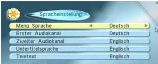 Spracheinstellung Menu Sprache Deutsch Erster Audiokanal Deutsch Zweiter Audiokanal Englisch Untertitelsprache Englisch Teletext Englisch