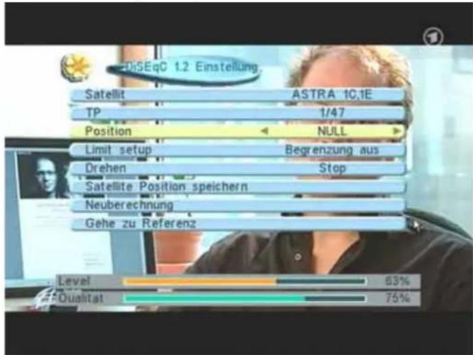 DiSEq0 1.2 Einstellung Satellit ASTRA 1C,1E TP 1/47 Position NULL Limit setup Begrenzung aus Drehen Stop Satellite Position speichern Neuberechnung Gehe zu Referenz Level 63% Qualitat 75%