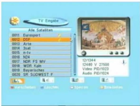 TV Engabe Alle Satelliten 0011 Eurosport 0012 DSF 0013 Arte 0014 3sat 0015 n-tv 0016 N24 0017 NOR FS MV 0018 WDR Köln 0019 Bayerisches 0020 SR SGDWEST F 12/1344 12480 V 27500 Video PID/1023 Audio PID/1024