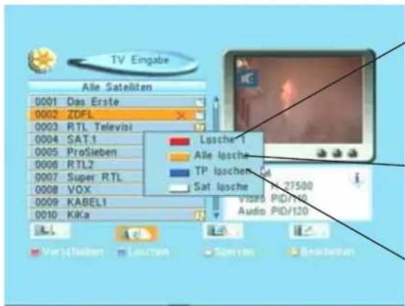 TV Eingabe Alle Satelliten 0001 Das Erste 0002 ZDFL 0003 RTL Televisi 0004 SAT 1 0005 ProSieben 0006 RTL2 0007 Super RTL 0008 VOX 0009 KABEL1 0010 Kika Losche 1 Alle lpsche TP loschen 14 Sat lpsche P: 27500 Video PID/100 Audio PID/120