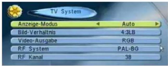 TV System Anzeige-Modus Auto Bild-Verhältnis 4:3LB Video-Ausgabe RGB RF System PAL-BG RF Kanal 38