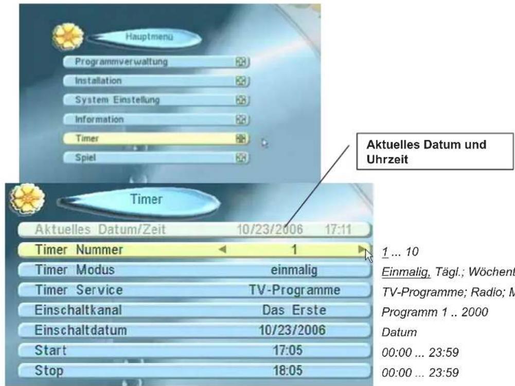Hauptmenu Programmverwaltung Installation System Einstellung Information Timer Spiel Aktuelles Datum und Uhrzeit Timer Aktuelles Datum/Zeit 10/23/2006 17:11 Timer Nummer 1 Timer Modus einmalig Timer Service TV-Programme Einschaltkanal Das Erste Einschaltdatum 10/23/2006 Start 17:05 Stop 18:05 1 ...…