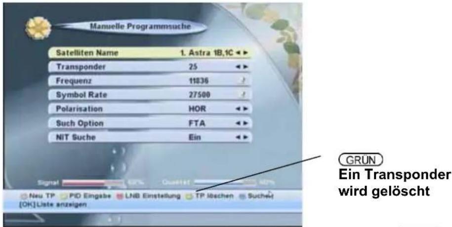 Manuelle Programmsuche Satelliten Name 1. Astra 1B,1C ▶ Transponder 25 ▶ Frequenz 11836 ▶ Symbol Rate 27500 ▶ Polarisation HOR ▶ Such Option FTA ▶ NIT Suche Ein ▶ GRÜN Ein Transponder wird gelöscht