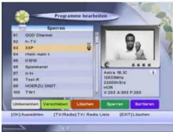 Programme bearbeiten Sperren 91 GOD Channel 92 H-TV 93 XXP 94 rhein main 1 95 K1010 96 Spielekansl 97 n-TV 98 Test-R 99 HOERZU DIGIT 100 TW1 Astra 18,1C 12633MHz 22000K/S/a HOR V:203 A:303 P:203 Limbenennen Verschieben Löschen Sperrren Sortieren [OK] Auswählen [TV/Radio] TV/ Radio Lists [EXIT] Lösch…