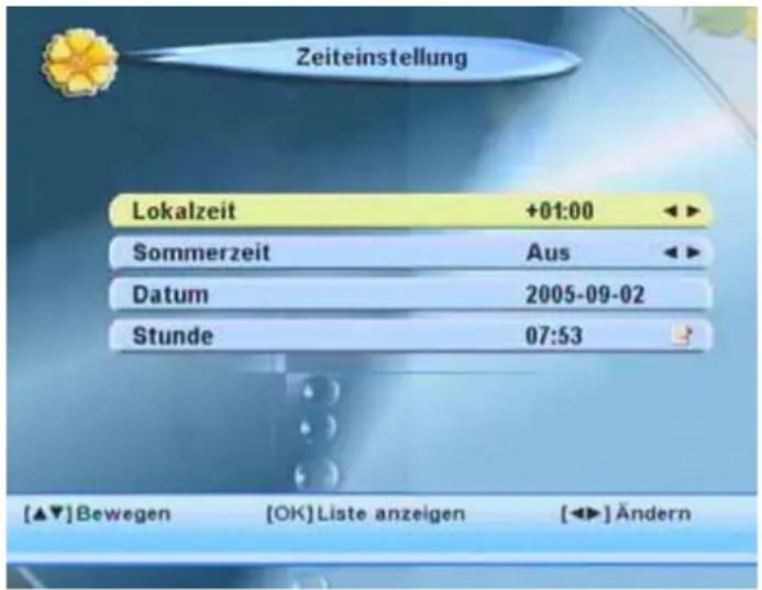 Zeiteinstellung Lokalzeit +01:00 Sommerzeit Aus Datum 2005-09-02 Stunde 07:53 [▲▼]Bewegen [OK]Liste anzeigen [◀▶]Ändern
