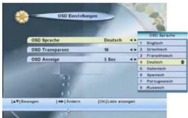 OSD Einstellungen OSD Sprache Deutsch OSD Transparenz 18 OSD Anzeige 5 Sec [▲▼]Bewegen [◀]Ändern [OK]Liste anzeigen OSD Sprache 1 Englisch 2 Griechisch 3 Frankshelisch 4 Deutsch 5 Italiensoch 6 Spentisch 7 Portugiessisch 8 Rubeisch