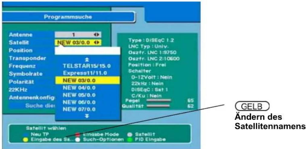Programmsuche Antenne 1 Satellit NEW 03/0.0 Position Transponder Frequenz TELSTAR15/15.0 Symbolrate Express11/11.0 Polarität NEW 03/0.0 22KHz NEW 04/0.0 Antennenkonfig NEW 05/0.0 Suche die NEW 06/0.0 NEW 07/0.0 Type: DISEqC 1.2 LNC Typ: Univ. Oszfr. LNC 1:9750 Oszfr. LNC 2:10600 Position: Frei Schal…