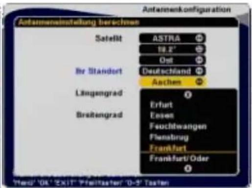Antennenkconfiguration Antennenanstellung berechnen Satellt ASTRA 18.2" Opt Br Standort Deutschland Aachen Längengrad Erfurt Braßengrad Eosen Feuchtwangen Flaming Frankfurt Frankfurt/Oder *Merü '04' Exit "Preitaster" 0-5 Tasten