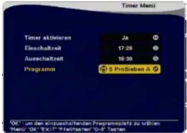 Timer Menü Timer aktivieren Ja Einschaltzeit 17:20 Ausschaltzeit 18:30 Programme 5 ProSieben A 'OK' um den einzuschaffenden Programmplatz zu wählen 'Menü' 'OK' 'EXIT' 'Pfeiltasten' '0-5' Tasten