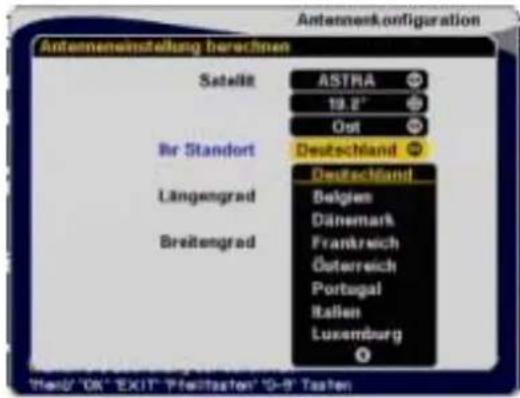 Antennereinstellung berechnen Satellit ASTRA 19.8° Oxt Br Standort Deutschland Deutschland Längengrad Belgien Dänemark Frankreich Güsterreich Portugal Italien Luxemburg Breitengrad