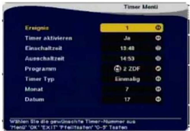 Timer Monti Ersignis 1 Timer aktivieren Ja Einschaltzeit 13:48 Ausschaltzeit 14:53 Programm 2 ZDF Timer Typ Einmalig Monat 7 Datum 17 Wählen Sie die gewünschte Timer-Nummer aus 'Meng' 'OK' 'EXIT' 'Pfeilitasten' '0-5' Tasten