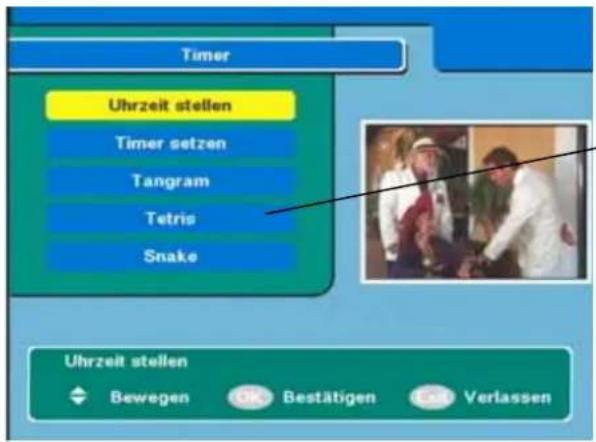 Timer Uhrzeit stellen Timer setzen Tangram Tetris Snake Uhrzeit stellen Bewegen OK Bestätigen OK Verlassen