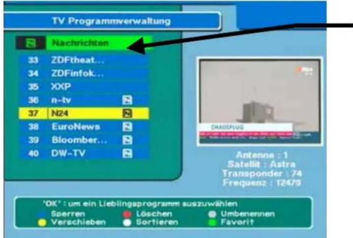 TV Programmverwaltung Nachrichten 33 ZDFtheat... 34 ZDFinfok... 35 XXP 36 n-tv 37 N24 38 EuroNews 39 Bloomberg... 40 DW-TV Antenne : 1 Satellit : Astra Transponder : 74 Frequenz : 12479 'OK' : um ein Lieblingsprogramm auszuwählen Sperren Löschen Umbenennen Verschieben Sortieren Favorit