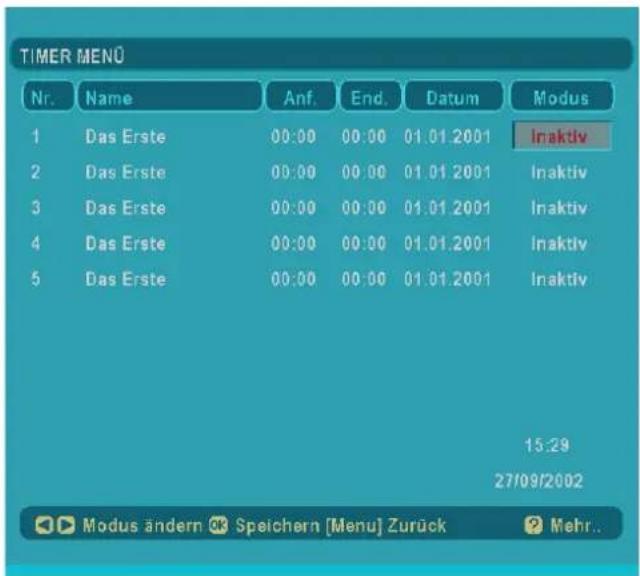 TIMER MENÜ Nr. Name Anf. End. Datum Modus 1 Das Erste 00:00 00:00 01.01.2001 Inaktiv 2 Das Erste 00:00 00:00 01.01.2001 Inaktiv 3 Das Erste 00:00 00:00 01.01.2001 Inaktiv 4 Das Erste 00:00 00:00 01.01.2001 Inaktiv 5 Das Erste 00:00 00:00 01.01.2001 Inaktiv 15:29 27/09/2002 Modus ändern Speichern [Menu] Zurück Mehr..