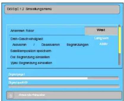 DS EqC 1.2 Einselungsmenu Anennen Rotor Dreh-Geschwindigkeit Aktivieren / Deskivieren Begrenzungen Sesellienposition speichem Ost Begrenzung einsellen West Begrenzung einsellen Signatgeber 1 Signatqualiführt West Langsam Aktiv Ansertrichnahme