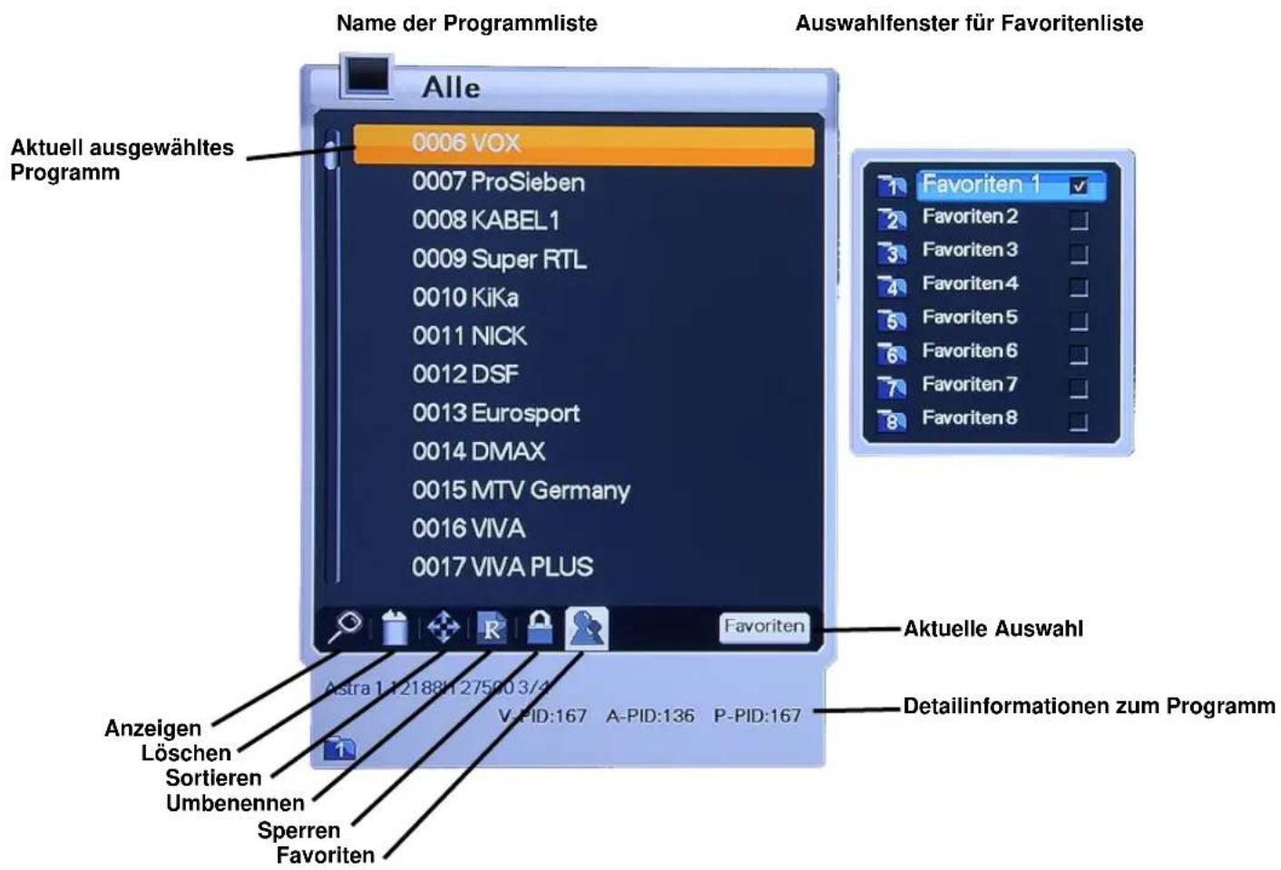 Homecast HS3100 CIIR - Programmlisten der TV- oder Radiokanäle anzeigen - 1