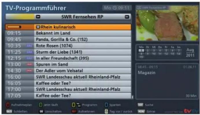 TV-Programmführer Mo 09:11 SWR Fernsehen RP Rhein kulinarisch 09:15 Bekannt im Land 09:45 Panda, Gorilla & Co. (152) 10:35 Rote Rosen (1074) 11:25 Sturm der Liebe (1341) 12:15 In aller Freundschaft (395) 13:00 Spuren im Sand 14:30 Der Adler vom Velsatal 16:00 SWR Landesschau aktuell Rheinland-Pfalz 16:05 Kaffee oder Tee? 17:00 SWR Landesschau aktuell Rheinland-Pfalz 17:05 Kaffee oder Tee? Aufnahmepfien jetzt läuft Programmt Sparten Suche Schleitzen Umsübbaren Aufnahmen Tag vor / zurück Extrae Aug 2011 08:45 - 09:15 01:08.11 Magazin 30 Min