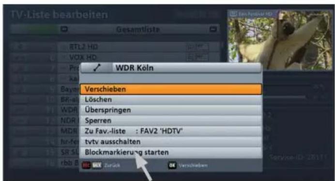 TV-Liste bearbeiten Gesamtliste RTL2 HD VOX HD WDR Köln Verschieben Löschen Überspringen Sperren Zu Fav.-liste : FAV2 'HDTV' tvty ausschalten Blockmarkierung starten OK Zurück Versicherbaren