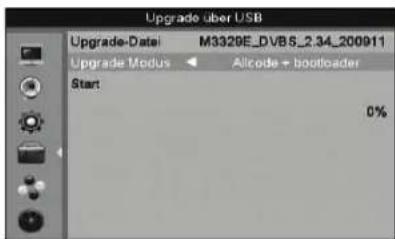 Upgrade über USB Upgrade-Date: M3328E_DVB5_2.34_200911 Upgrade Modus Alcode + bootloader Start 0%