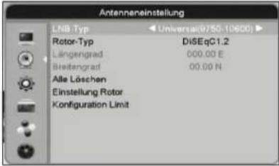 Antennereinstellung LNB Typ Universal(0750.10600) Rotor-Typ DiSEqC1.2 Längengrad 000.00 E Breitengrad 00.00 N Alle Löschen Einstellung Rotor Konfiguration Limit