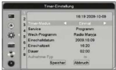 Timer-Einstellung 16:19 2009-10-09 Timer-Modus Einmal Service Programm Weck-Programm Radio Maryja Einschaltdatum 2009.10.09 Einschaltzeit 16:20 Dauer 02:00 Aufnahme-Typ ls Speicher Abbruch