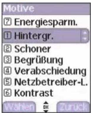 Motive ⑦ Energiesparm. ① Hintergr. ② Schoner ③ Begrüßung ④ Verabschiedung ⑤ Netzbetreiber-L. ⑥ Kontrast Wählen OK Zurück