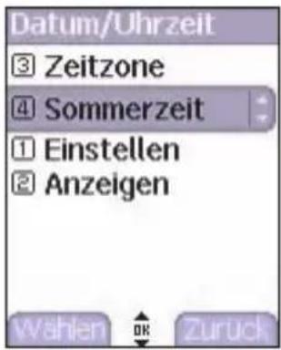 Datum/Uhrzeit 3 Zeitzone 4 Sommerzeit 1 Einstellen 2 Anzeigen Wählen OK Zurück