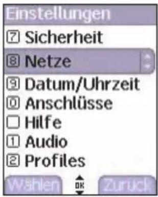 Einstellungen 7 Sicherheit 8 Netze 9 Datum/Uhrzeit 0 Anschlüsse □ Hilfe 1 Audio 2 Profiles Wählen OK Zurück