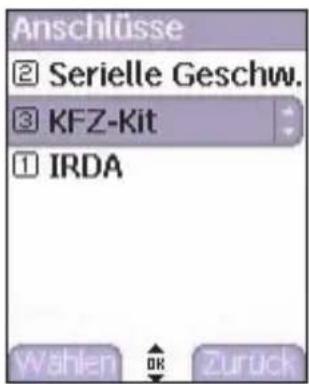 Anschlüsse ② Serielle Geschw. ③ KFZ-Kit ① IRDA Wählen OK Zurück
