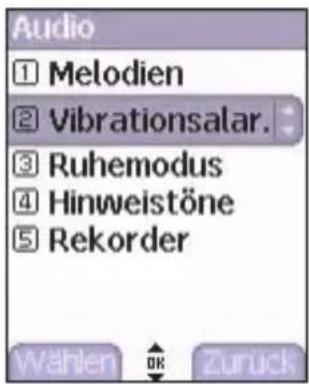 Audio ① Melodien ② Vibrationsalar. ③ Ruhemodus ④ Hinweistöne ⑤ Rekorder Wählen OK Zuruck