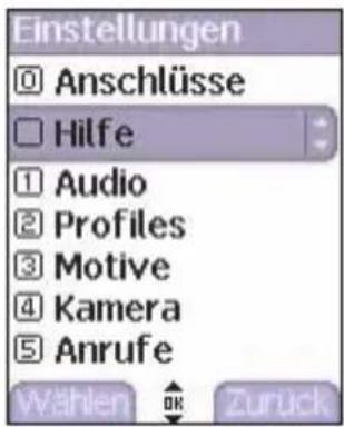 Einstellungen ① Anschlüsse ② Hilfe ① Audio ② Profiles ③ Motive ④ Kamera ⑤ Anrufe Wählen OK Zurück