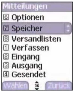 Mitteilungen Optionen Speicher Versandlisten Verfassen Eingang Ausgang Gesendet Wahlen OK Zurück