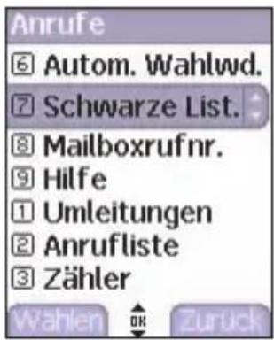 Anrufe 6 Autom. Wahlwd. 7 Schwarze List. 8 Mailboxrufnr. 9 Hilfe 1 Umleitungen 2 Anrufliste 3 Zähler Wahlen OK Zuruck