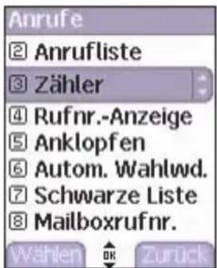 Anrufe ② Anrufliste ③ Zähler ④ Rufnr.-Anzeige ⑤ Anklopfen ⑥ Autom. Wahlwd. ⑦ Schwarze Liste ⑧ Mailboxrufnr. Wählen OK Zurück