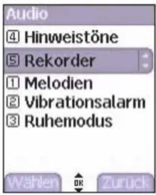 Audio ④ Hinweistöne ⑤ Rekorder ① Melodien ② Vibrationsalarm ③ Ruhemodus Wählen OK Zurück