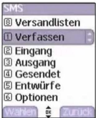 SMS ⑧ Versandlisten ① Verfassen ② Eingang ③ Ausgang ④ Gesendet ⑤ Entwürfe ⑥ Optionen Wahlen OK Zuruck