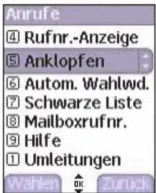 Anrufe ④ Rufnr.-Anzeige ⑤ Anklopfen ⑥ Autom. Wahlwd. ⑦ Schwarze Liste ⑧ Mailboxrufnr. ⑨ Hilfe ⑪ Umleitungen Wahlen OK Zurück