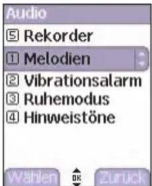 Audio Rekorder Melodien Vibrationsalarm Ruhemodus Hinweistöne Wahlen OK Zuruck