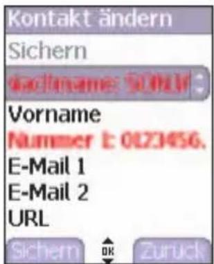 Kontakt ändern Sichern discName: SCHW Vorname Nummer #: 0123456. E-Mail 1 E-Mail 2 URL Sichern OK Zurück
