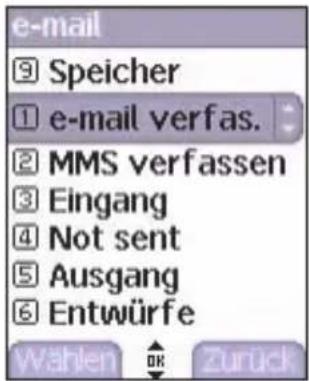 e-mail ⑨ Speicher ① e-mail verfas. ② MMS verfassen ③ Eingang ④ Not sent ⑤ Ausgang ⑥ Entwürfe Wahlen OK zurück